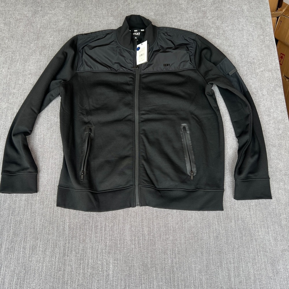DKNY Track Jacket Mens 2XL Black Athletic Long Sleeve Stand-Up Collar Full Zip
